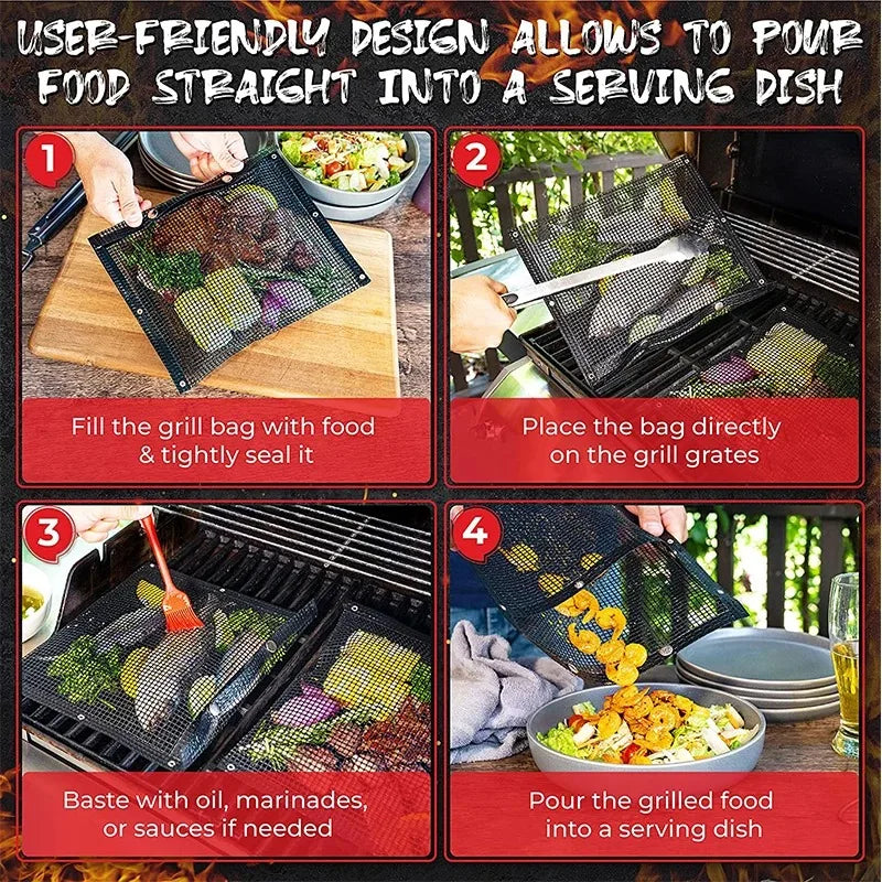 D5 2Pcs PTFE Mesh Grill Bags Reusable Non-Stick BBQ Barbecue Bags for Charcoal Gas Smokers BBQ Veggie Grill Bags Barbecue Bag